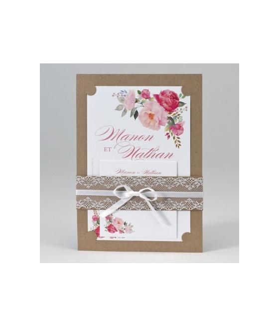 Faire-part mariage Kraft avec dentelles et fleurs