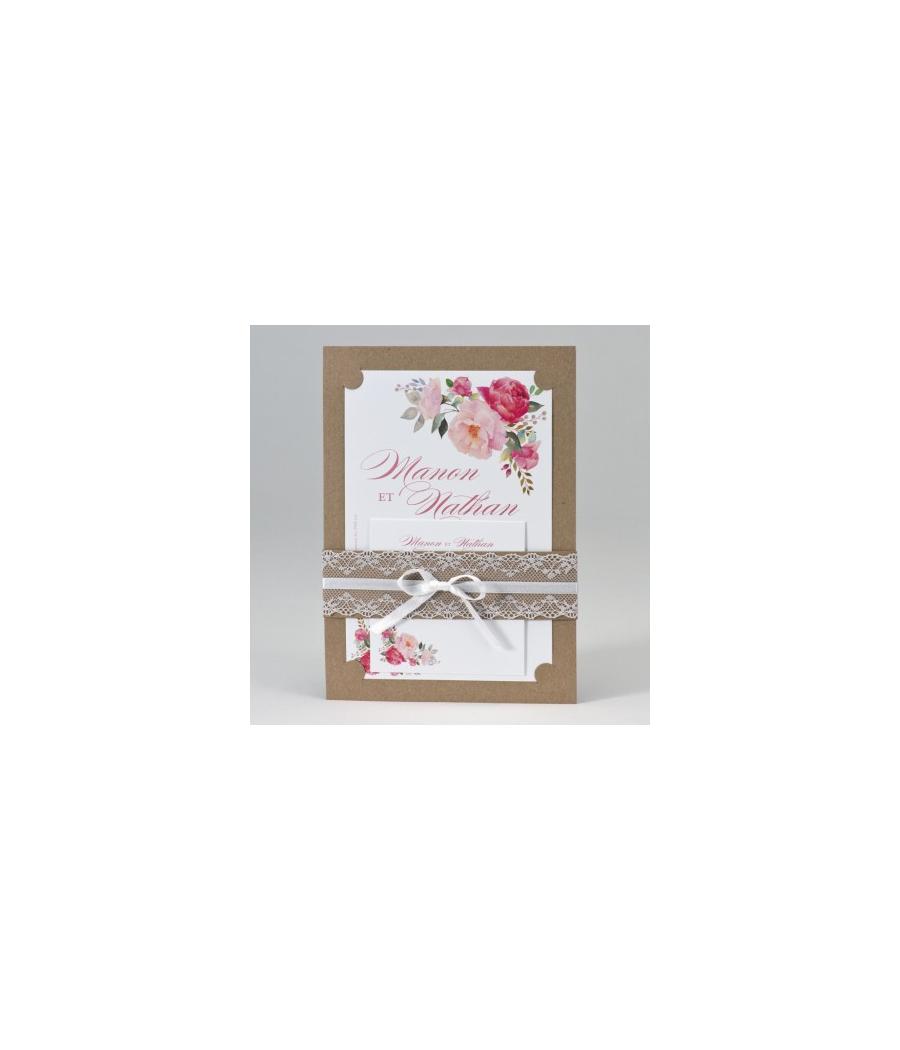 Faire-part mariage Kraft avec dentelles et fleurs