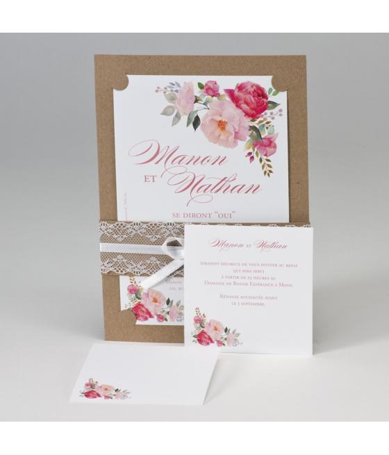 Faire-part mariage Kraft avec dentelles et fleurs