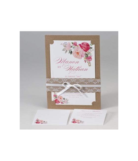 Faire-part mariage Kraft avec dentelles et fleurs