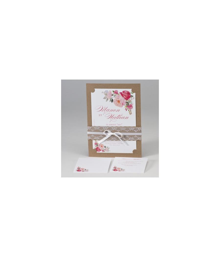 Faire-part mariage Kraft avec dentelles et fleurs