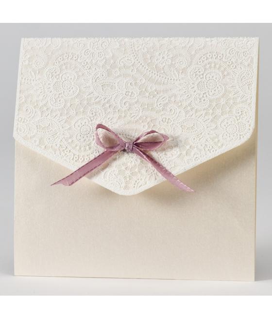 Faire-part dentelle en relief et ruban rose