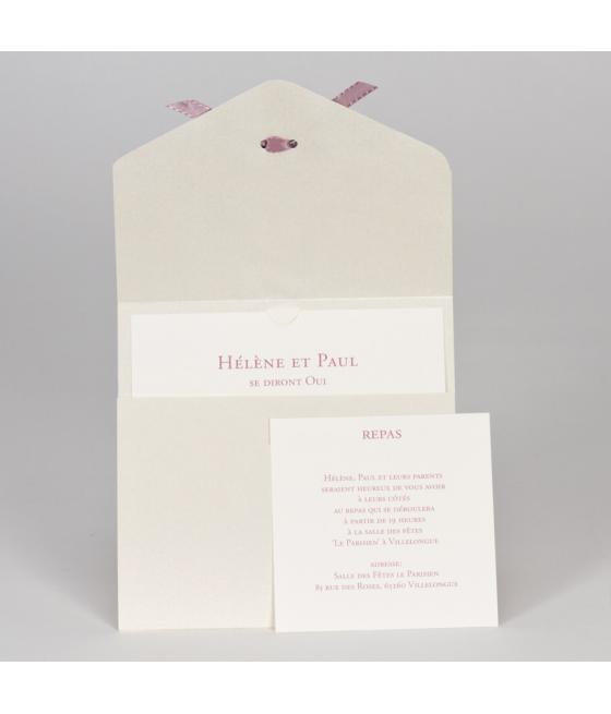 Faire-part dentelle en relief et ruban rose