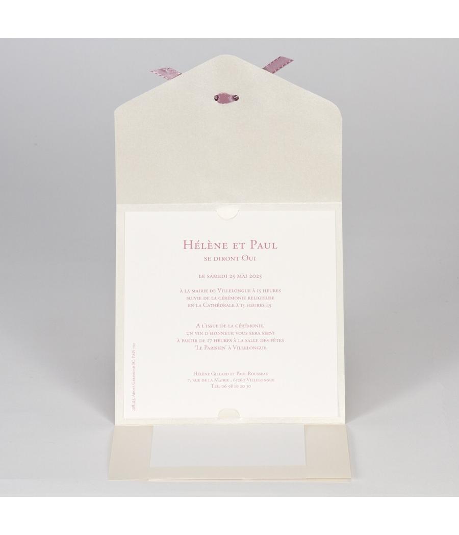 Faire-part dentelle en relief et ruban rose
