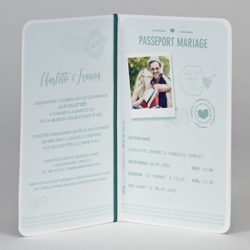 Faire-part passeport d'amour vert et or