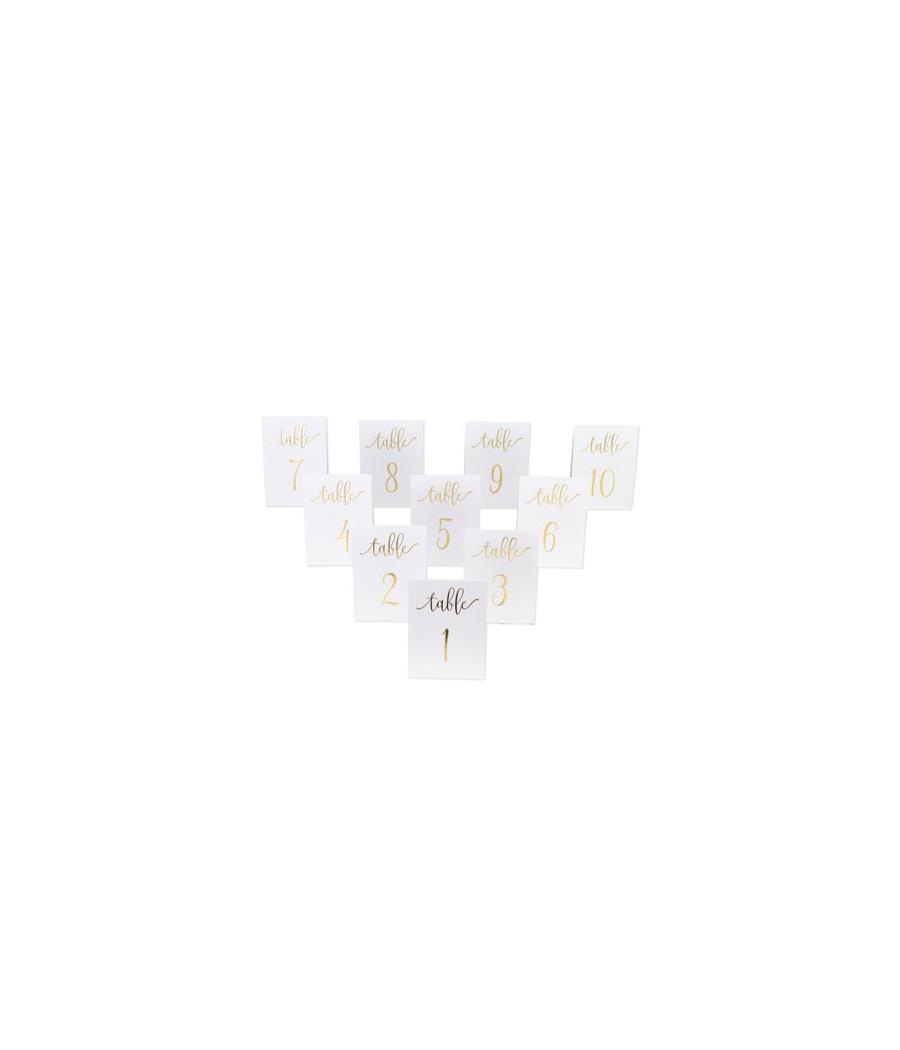 10 marques-tables de 1 à 10 blanc et or