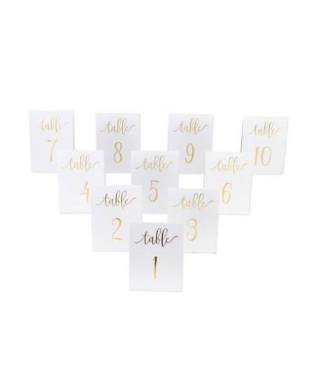 10 marques-tables de 1 à 10 blanc et or
