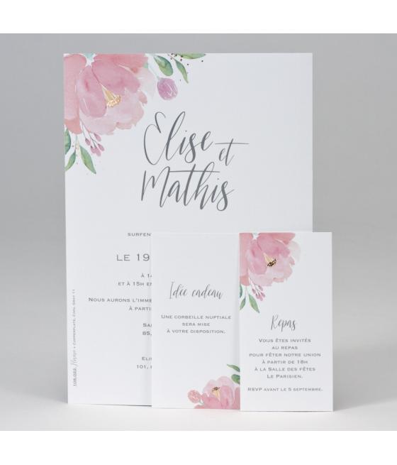 Faire-part avec fleurs rose et cartes d'invitation