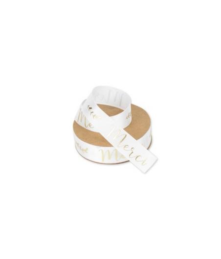 Ruban satin blanc "Merci" or