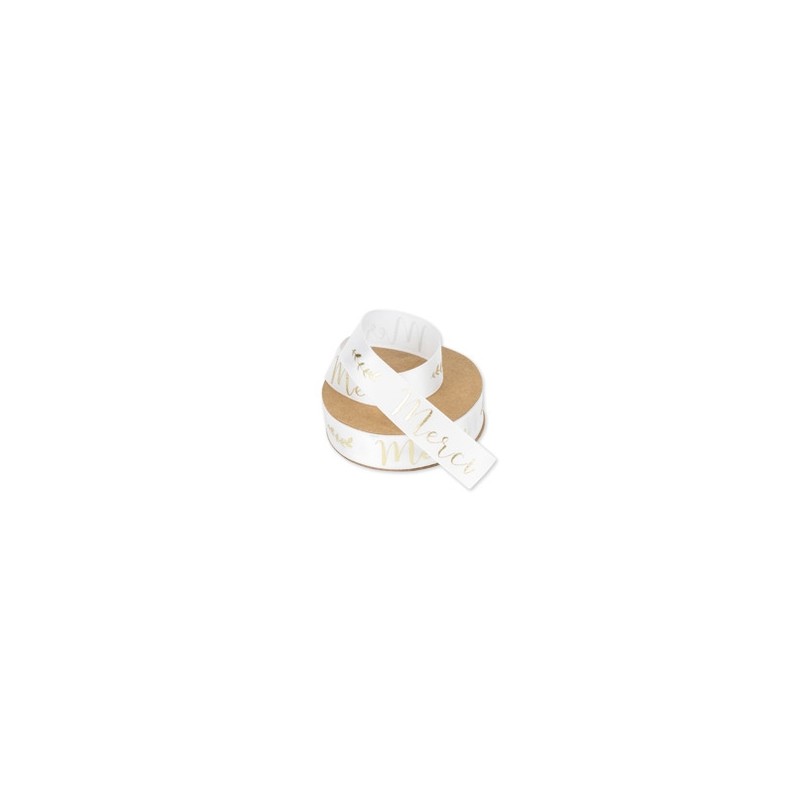 Ruban satin blanc "Merci" or