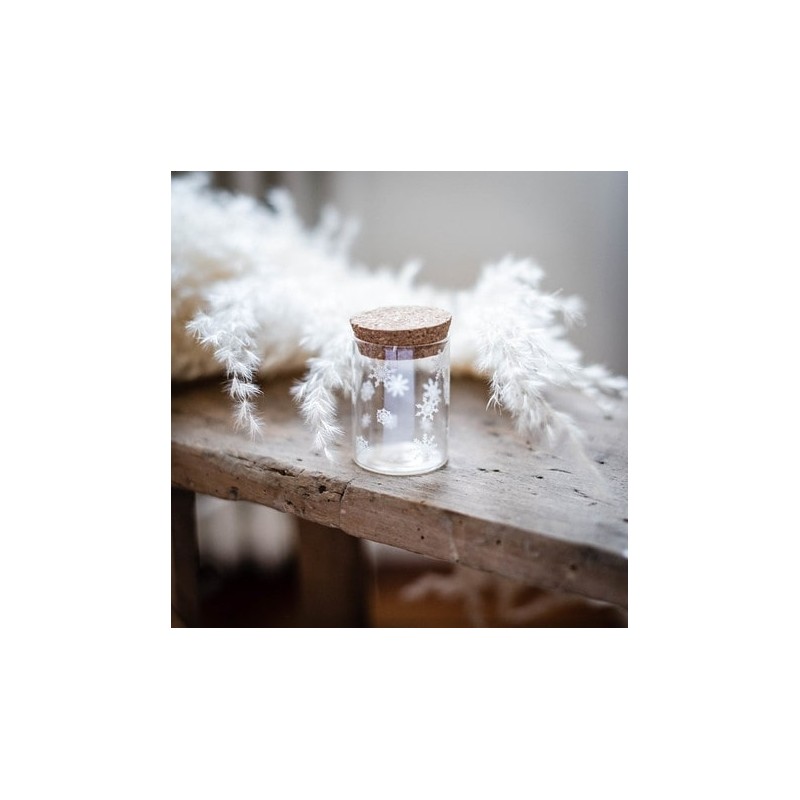 fiole verre flocons blancs bouchon
