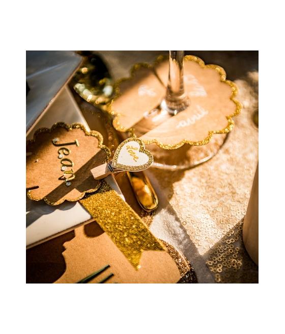 pinces coeur bois blanc paillettes or