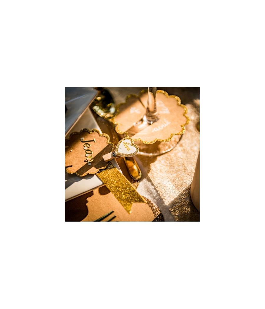 pinces coeur bois blanc paillettes or