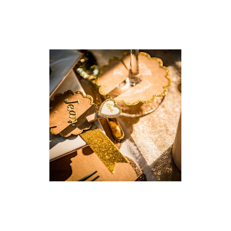 pinces coeur bois blanc paillettes or