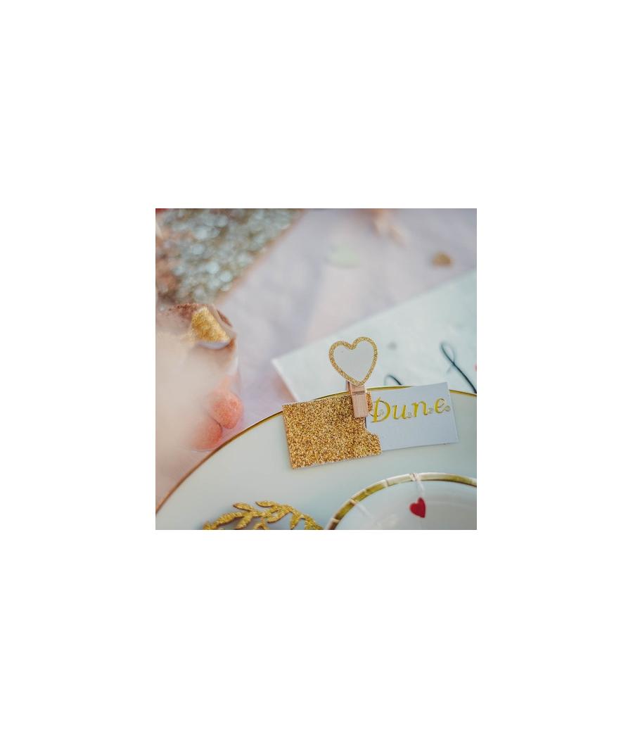 pinces coeur bois blanc paillettes or