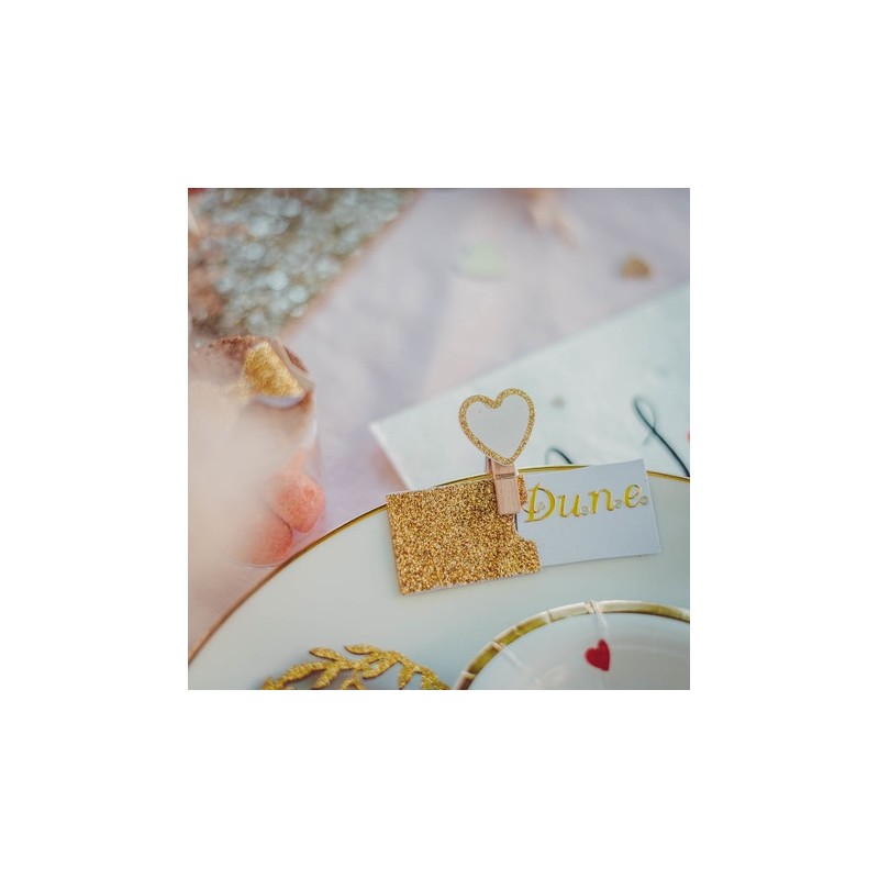 pinces coeur bois blanc paillettes or