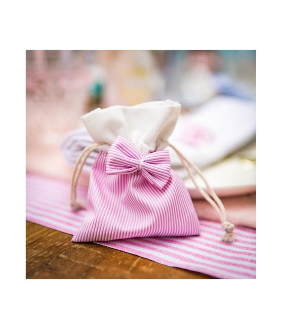 4 POCHONS NOEUDS TISSU RAYE ROSE ET BLANC 8X10CM