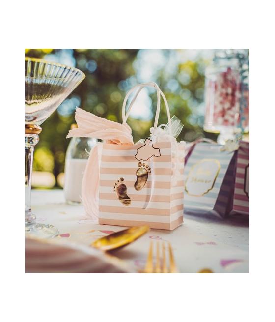 6 sacs empreintes de pieds rayé rose et dorure Or