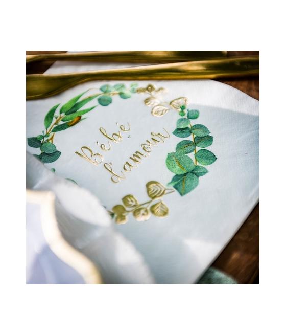 16 serviettes bébé d’amour 3 plis Eucalyptus dorure Or