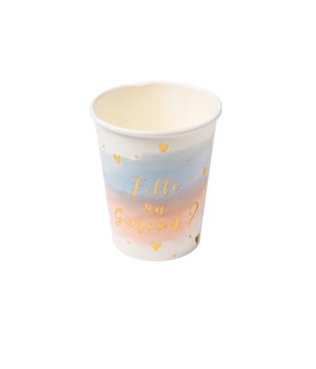 8 gobelets gender reveal blanc rose bleu et dorure or