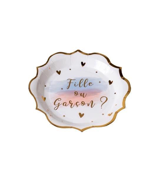 8 assiettes gender reveal blanc rose et bleu avec dorure