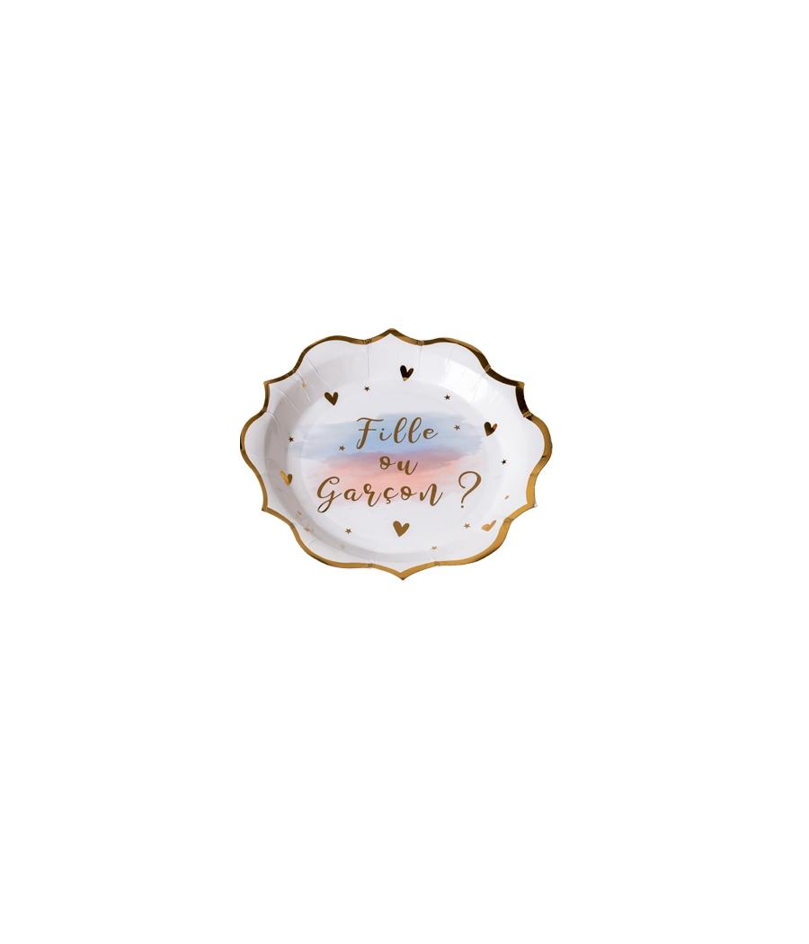 8 assiettes gender reveal blanc rose et bleu avec dorure