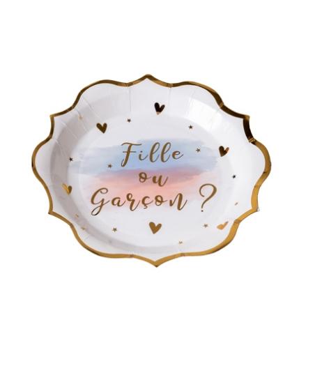 8 assiettes gender reveal blanc rose et bleu avec dorure