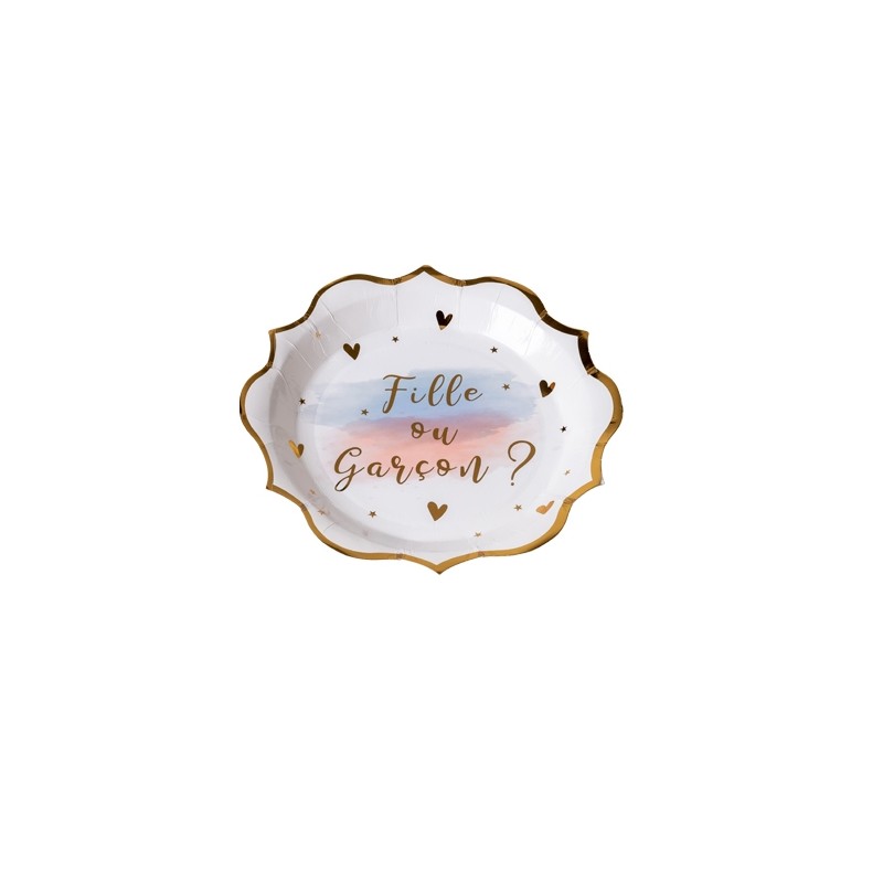 8 assiettes gender reveal blanc rose et bleu avec dorure