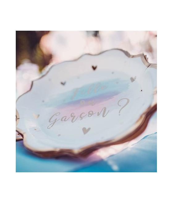 8 assiettes gender reveal blanc rose et bleu avec dorure