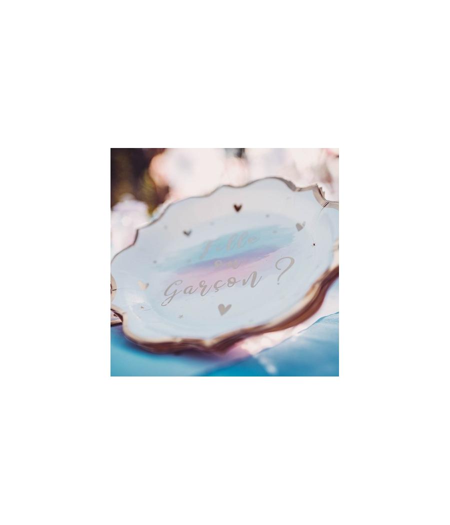 8 assiettes gender reveal blanc rose et bleu avec dorure