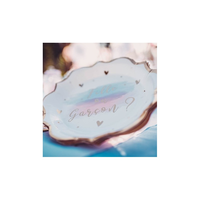 8 assiettes gender reveal blanc rose et bleu avec dorure