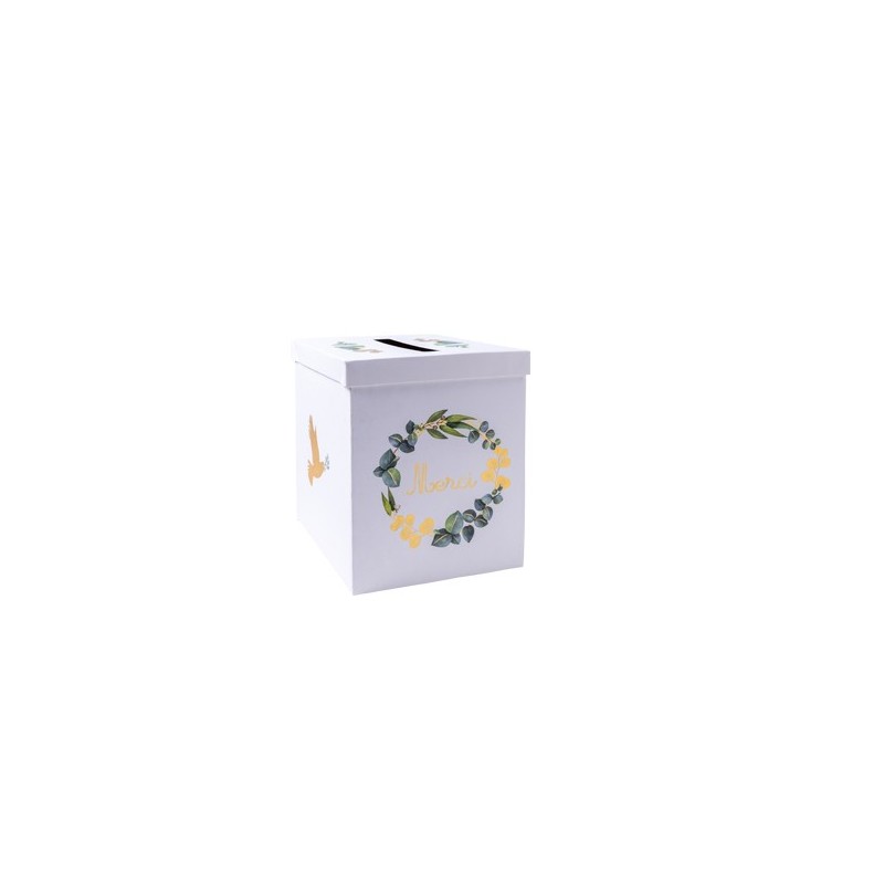 Urne communion eucalyptis colombe papier texture dorure or