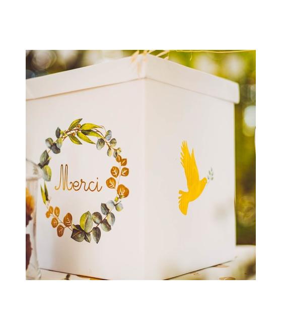 Urne communion eucalyptus colombe papier texture dorure or