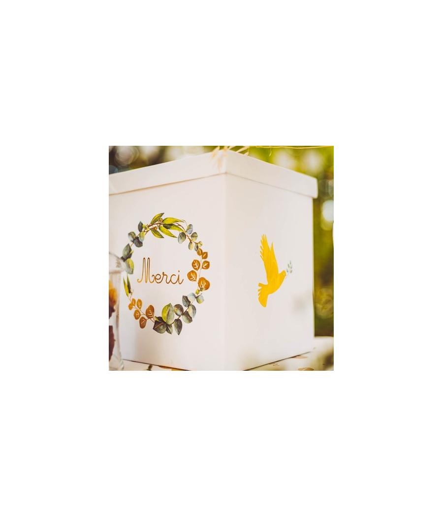 Urne communion eucalyptus colombe papier texture dorure or