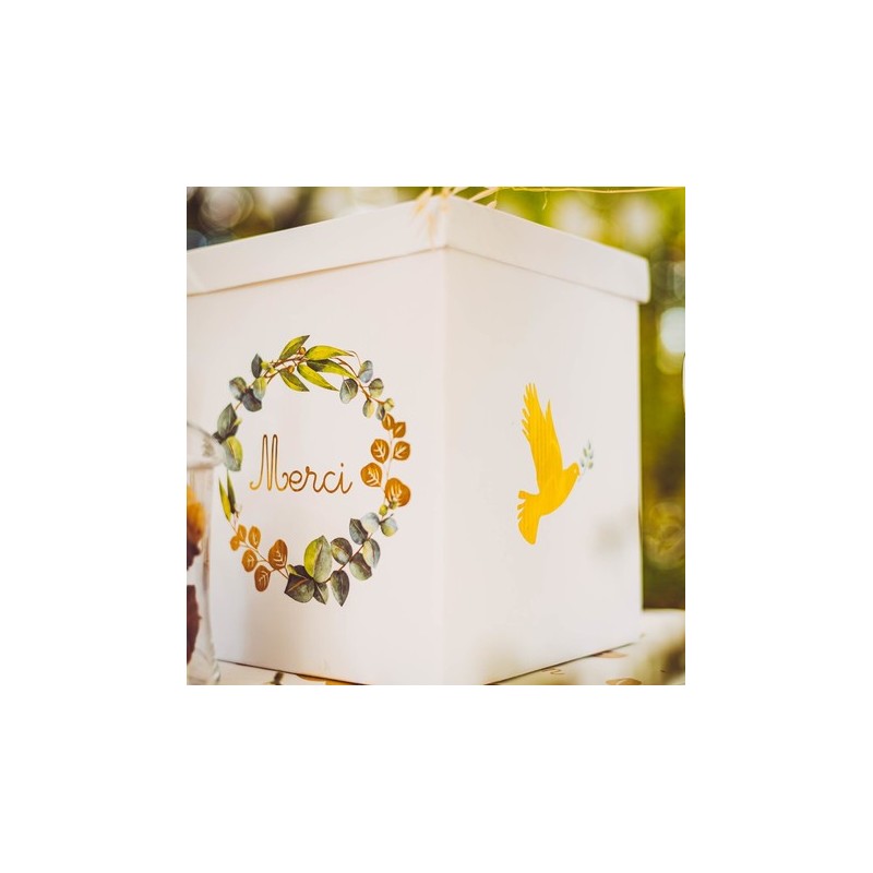 Urne communion eucalyptus colombe papier texture dorure or