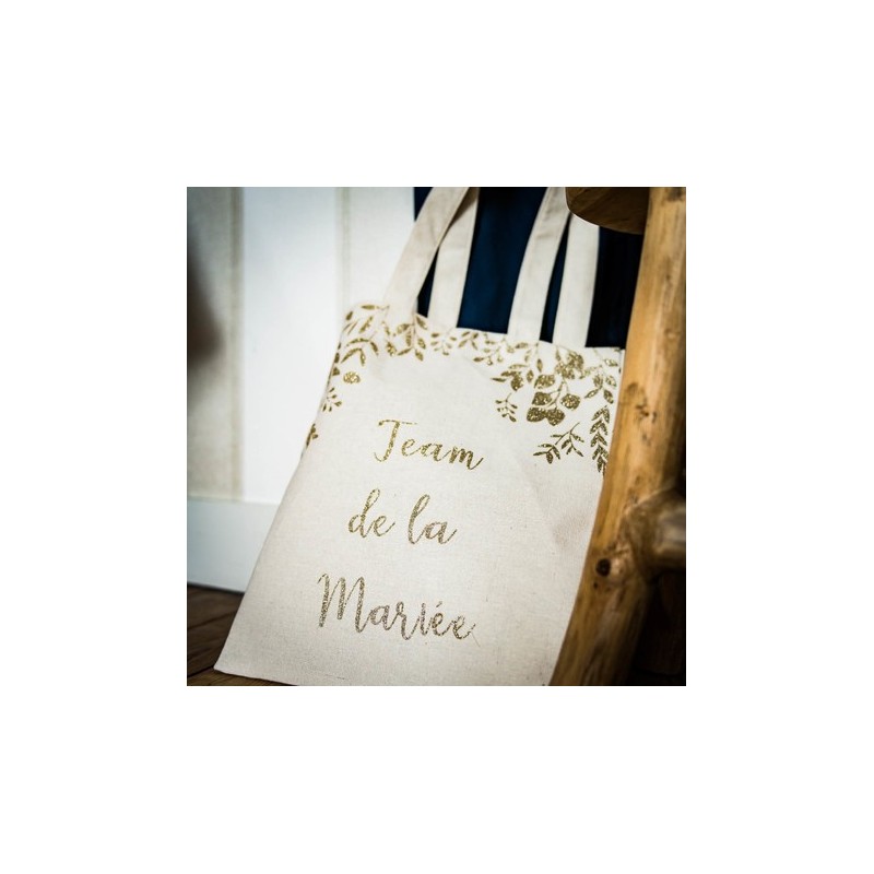 tote bag team de la mariée lin paillettes champagne 35.5x31cm