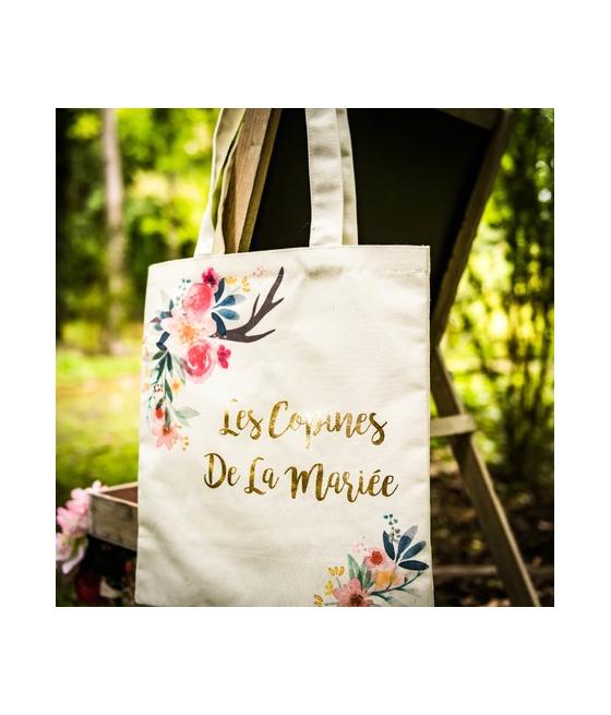Tote bag "les copines de la mariée" folk lin dorure or 31x37cm