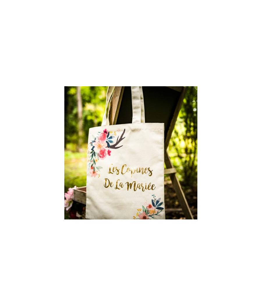 Tote bag "les copines de la mariée" folk lin dorure or 31x37cm