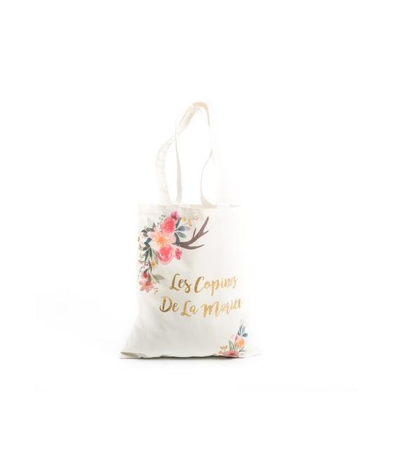 Tote bag "les copines de la mariée" folk lin dorure or 31x37cm