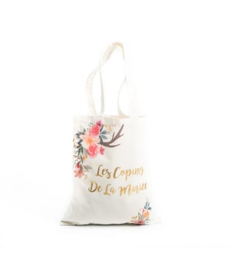 Tote bag "les copines de la mariée" folk lin dorure or 31x37cm
