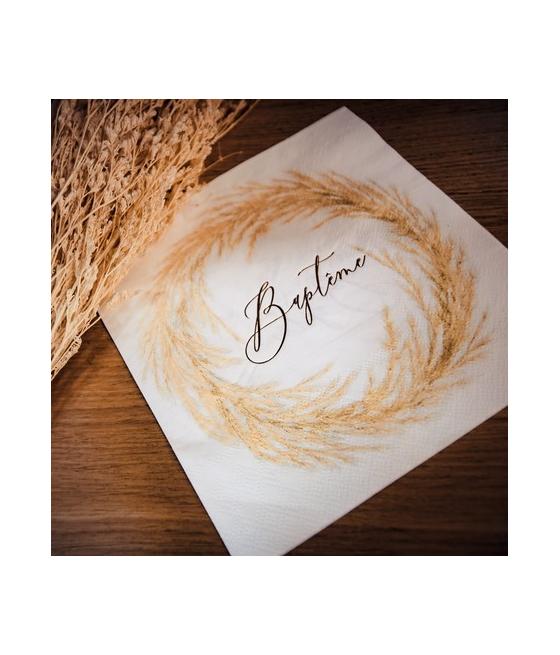 16 Serviettes baptême pampa blanc et Or 3 plis