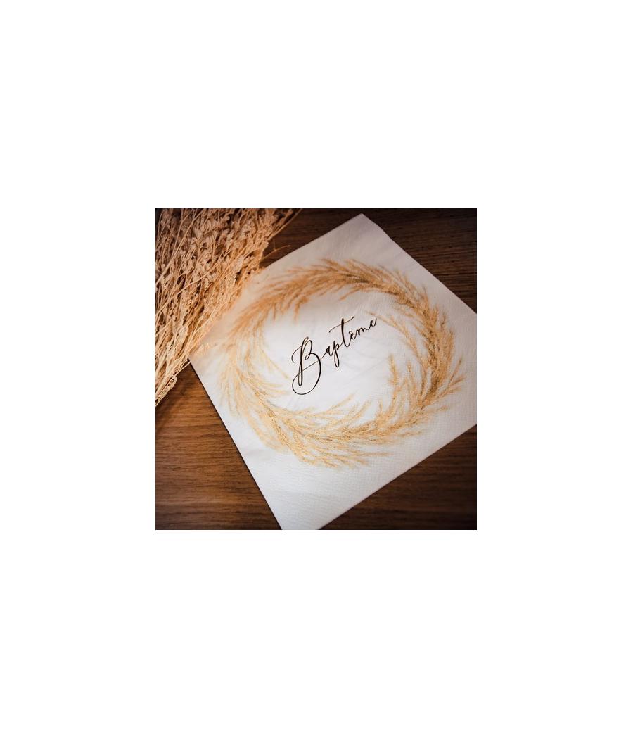 16 Serviettes baptême pampa blanc et Or 3 plis