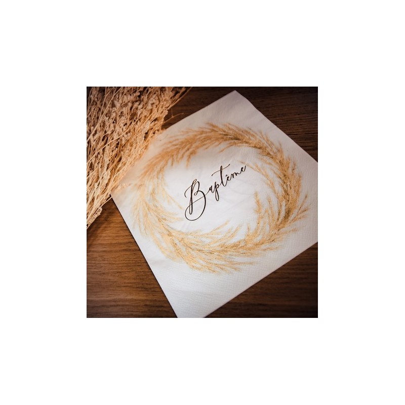 16 Serviettes baptême pampa blanc et Or 3 plis