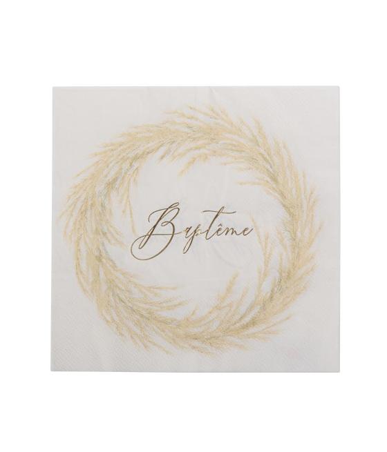 16 Serviettes baptême pampa blanc et Or 3 plis