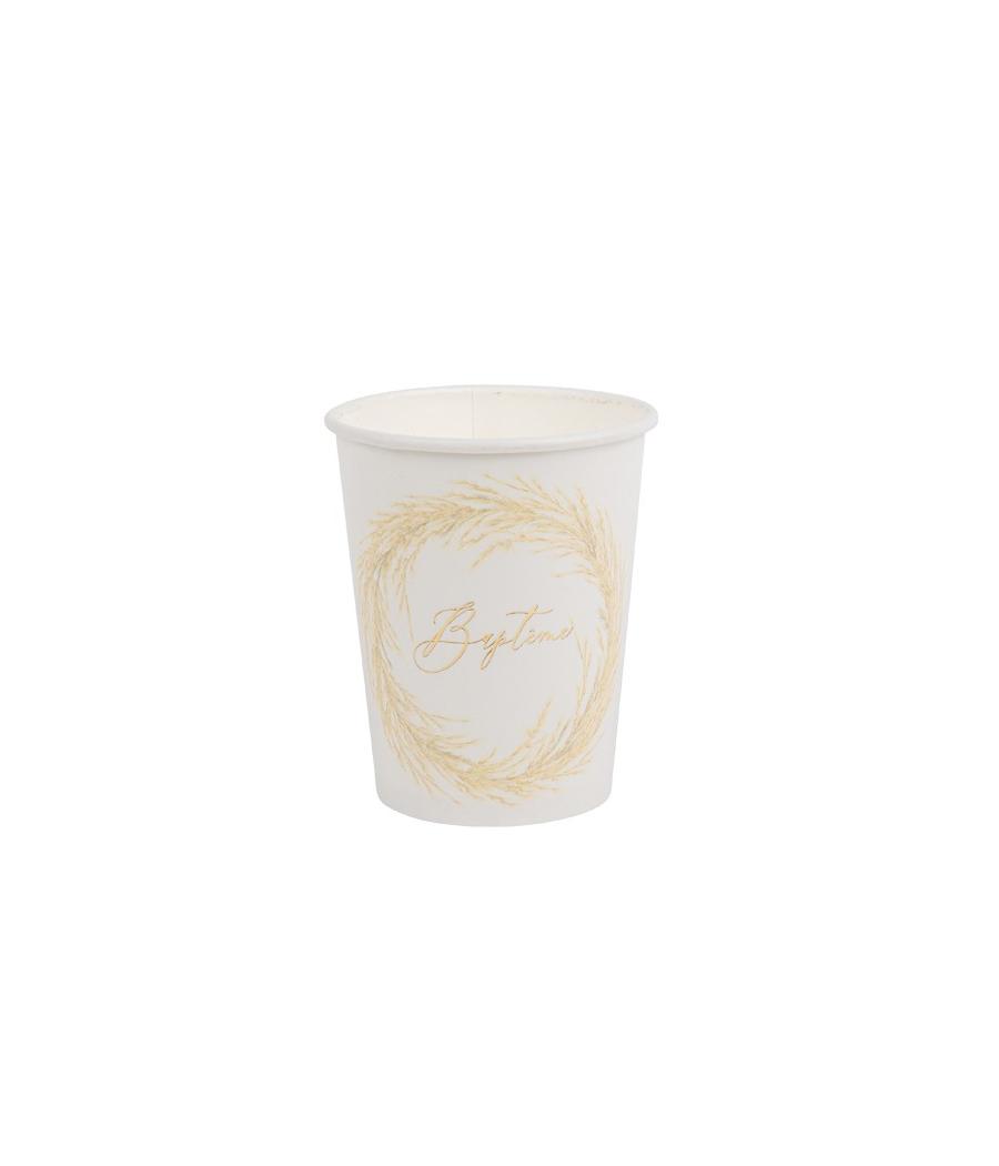 8 Gobelets Baptême Pampa blanc et Or 250ML