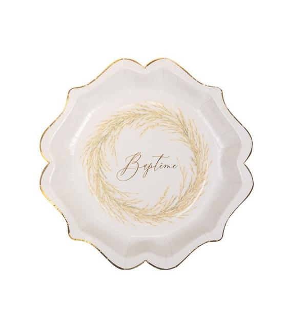 8 assiettes Baptême jolie Pampa papier texture embossé Or