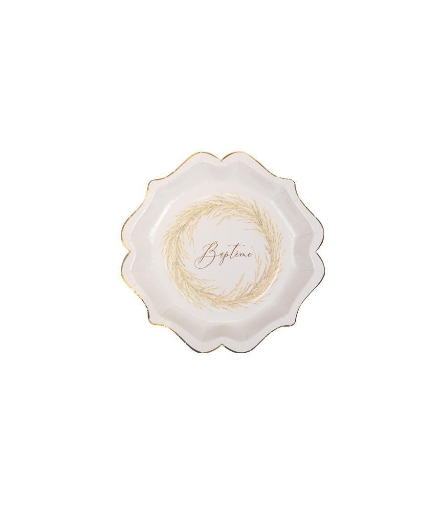 8 assiettes Baptême jolie Pampa papier texture embossé Or