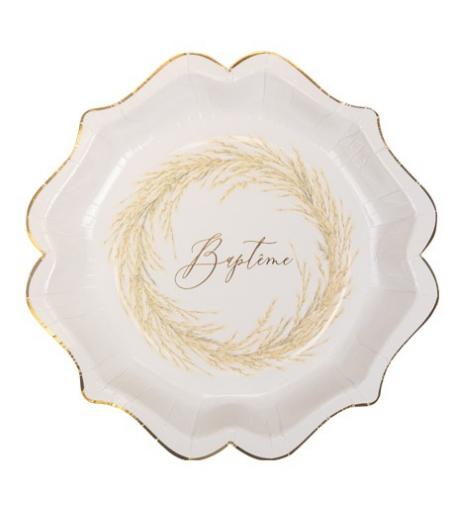 8 assiettes Baptême jolie Pampa papier texture embossé Or
