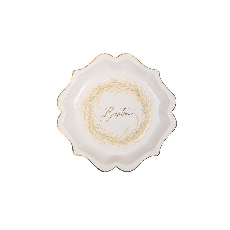8 assiettes Baptême jolie Pampa papier texture embossé Or
