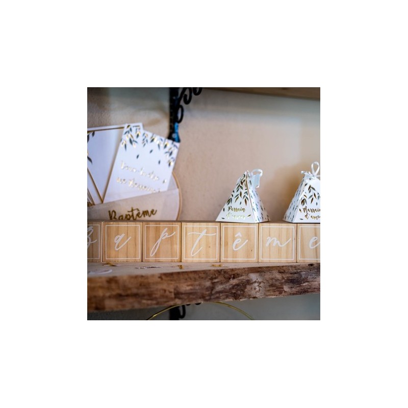 7 Cubes Baptême bois floqué blanc